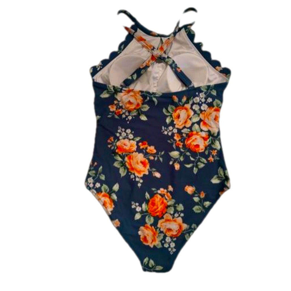 Green floral one piece swimsuit, scallops, padding - Picture 3 of 6
